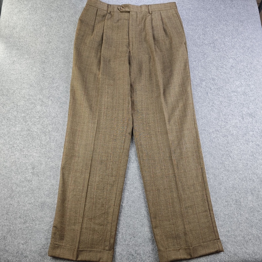 Lauren Ralph Lauren Dress Pants Mens 34x34 Brown Red Plaid 100% Wool Pleated